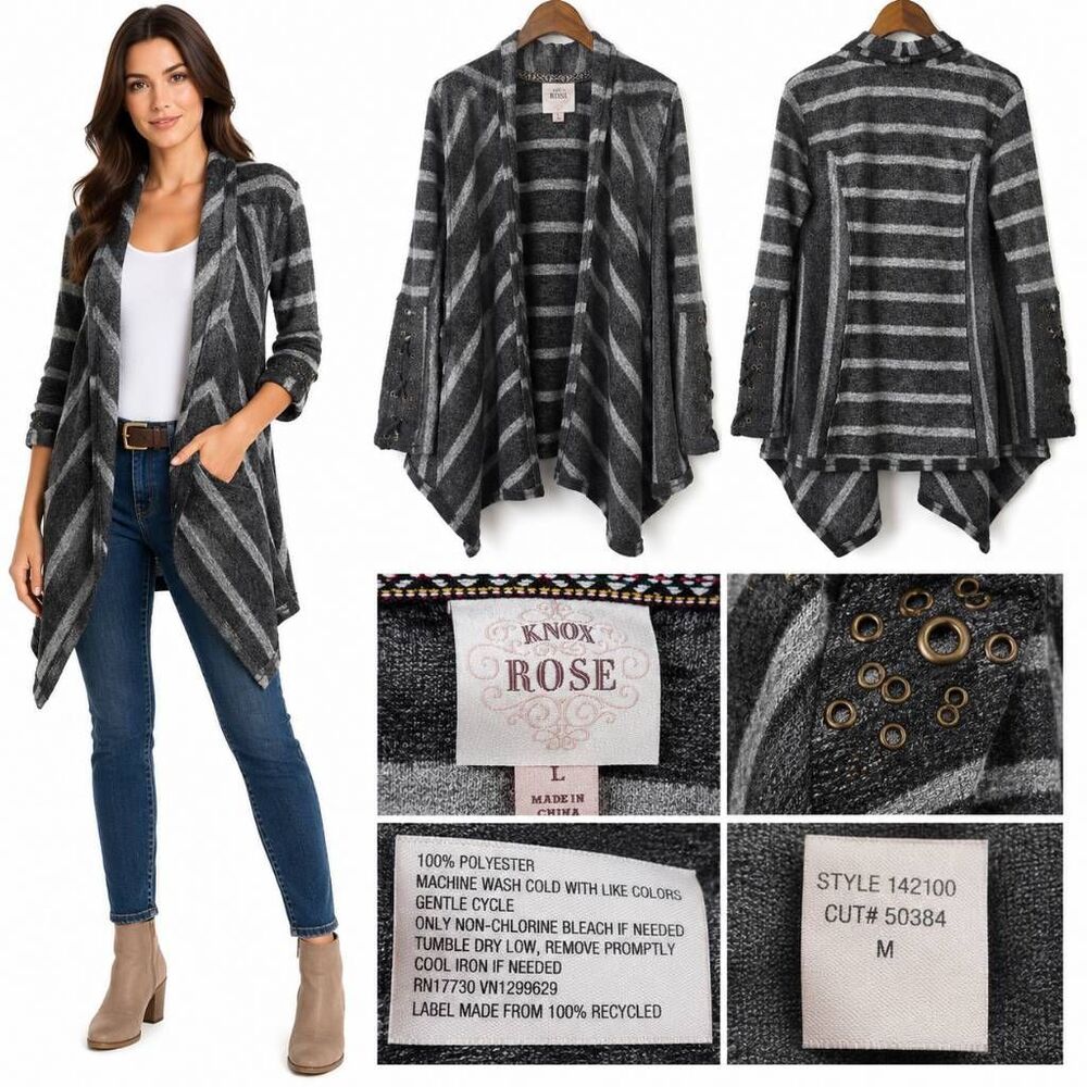 Knox Rose Gray Stripe Open Front Cardigan Large